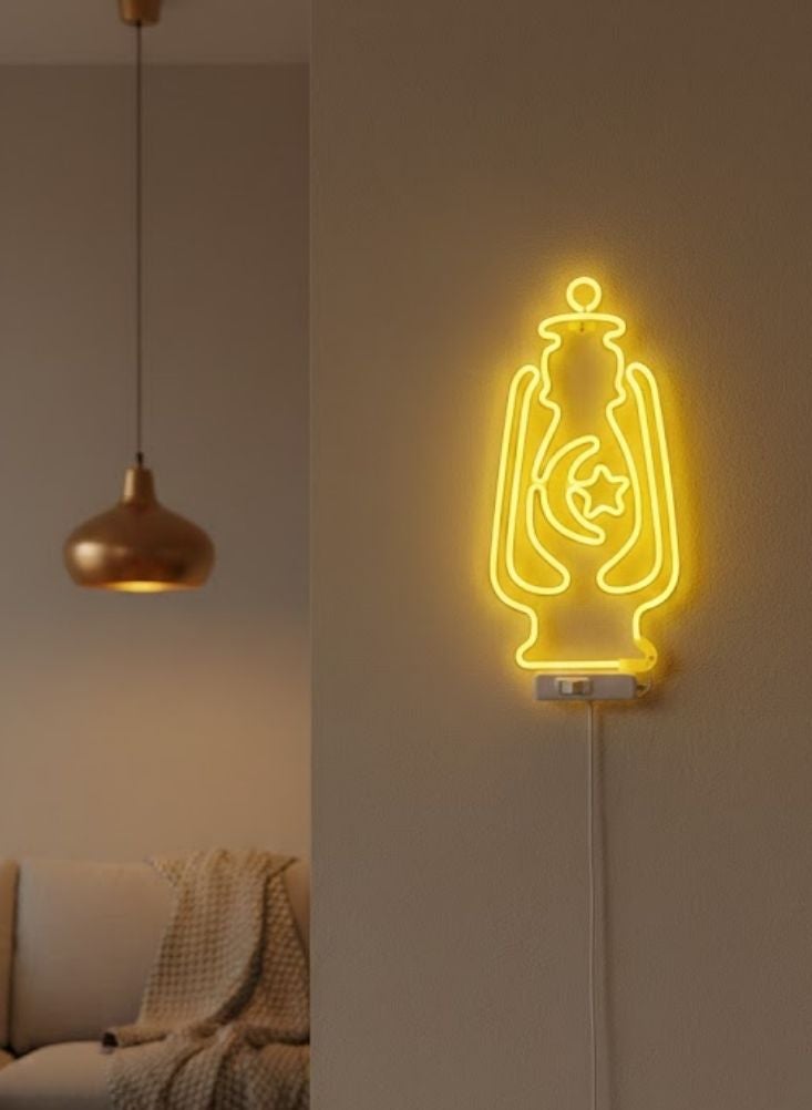 بريميم فانوس نيون رمضاني بإضاءة صمام ثنائي باعث للضوء – ديكور جداري إسلامي باللون الأصفر الدافئ على شكل هلال ونجمة - Image 2